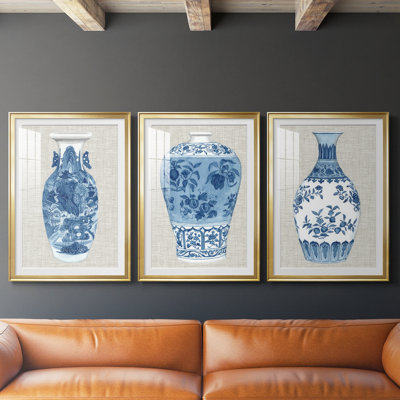 Ming Vase on Linen I  -Custom Framed  Premium Print W Matt - 3 Pieces