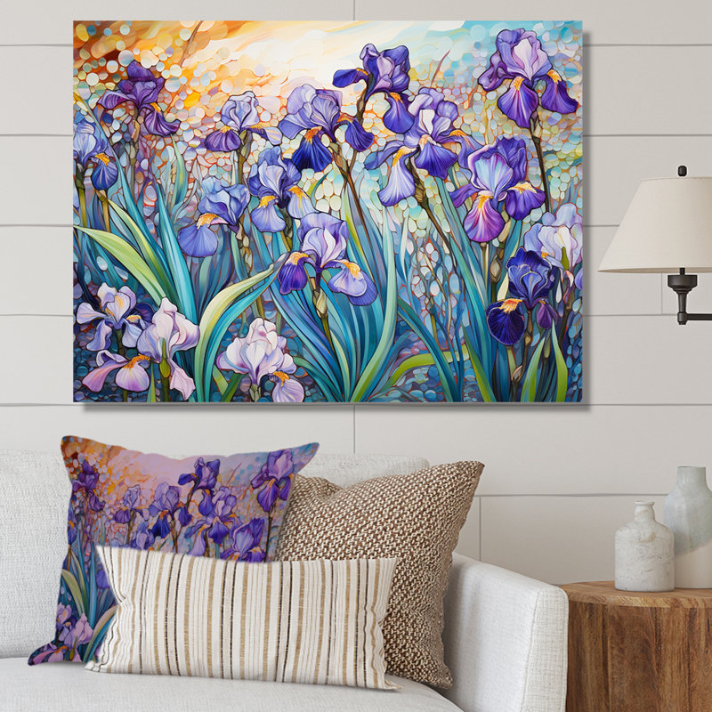 Iris bleu rayonnant au bord du lac I - salon d'art mural champ de fleurs, Cadre photo blanc, H 24 po x l 32 po