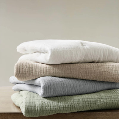 3 - Piece Cotton Gauze Quilt In White For Full/Queen Soft , Crinkled Texture, All Season, , Skin , Comfortable, Breathable, Lightweight Natural Embroidered Tacking, Standard 100, Color, Comfortable