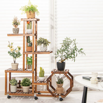 Wooden Plant Stand On Wheels That Can Hold 12 Plants
