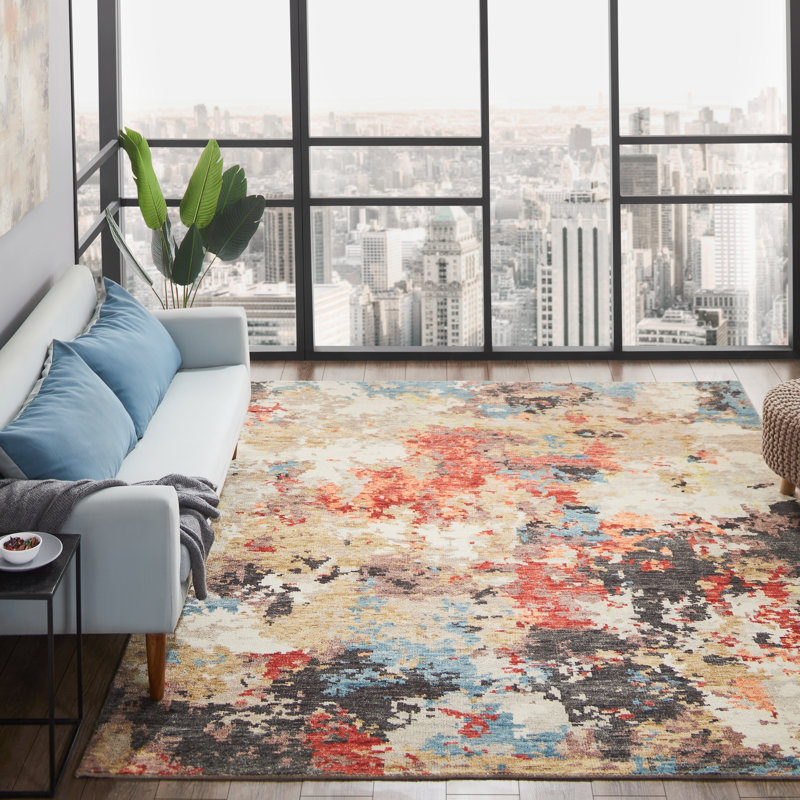 Duson Hand Knotted Wool Abstract Area Rug in Tan, Rectangle 4' x 6'