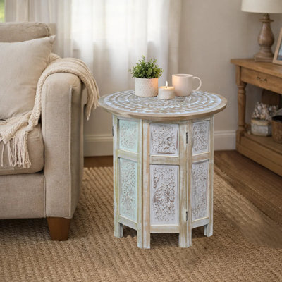 Accent Side Table, Mango Wood with 18" Round Top, Hand Carved Inlay Design, Washed White