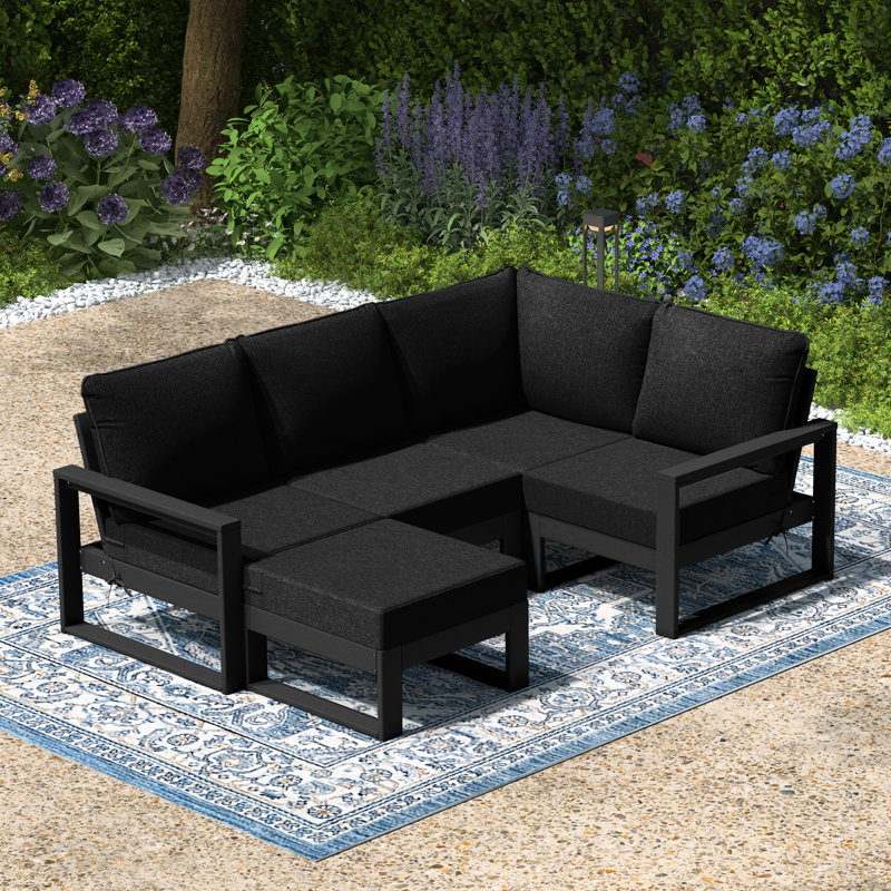 Ensemble de conversation de terrasse avec repose-pieds et cadre 5 pièces, Noir, noir, noir, noir, Gris