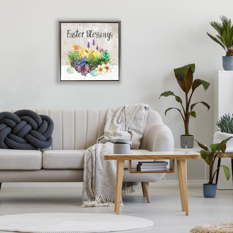 Cadre flottant de Pâques avec panier de fleurs, design par Carol Robinson, H 18 po x l 18 po, Cadre flottant gris lustré