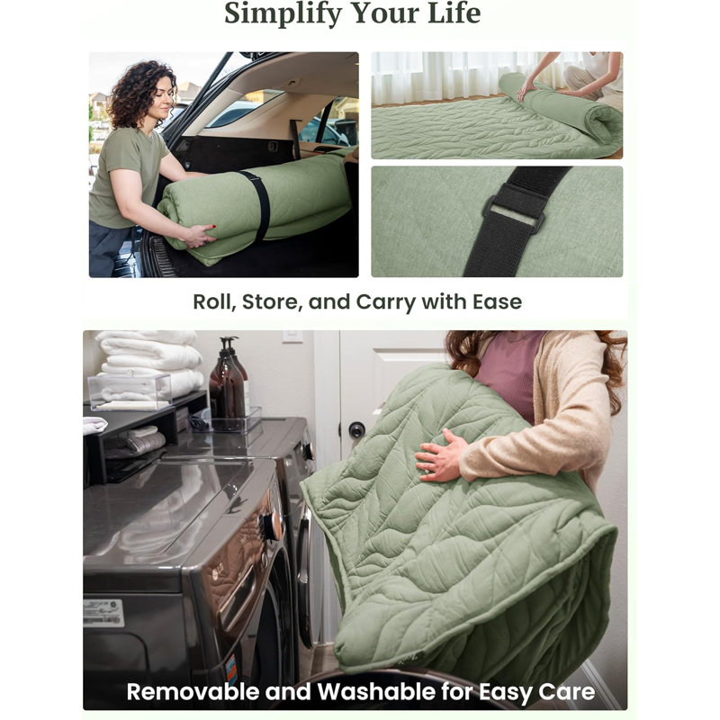 Japanese Floor Mattress Futon Mattress Queen Size, Thicken Roll Up Tatami Mat W/ 100% Cotton Washable Cover, Portable & Foldable Floor Bed Mattress For Sleeping, Dormitory, Adult Kids, Green