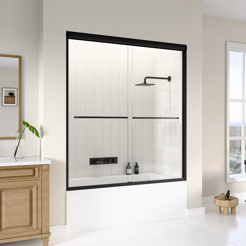 60 In. W X 62 In. H Double Sliding Framed Tub Door With SGCC 1/4 In. (6 Mm) Tempered Clear Glass, Matte Black