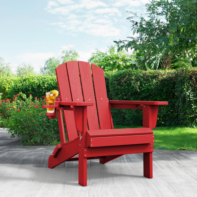 Wolak High Density Polyethylene Folding Adirondack Chair With Double Cup Holder, Red