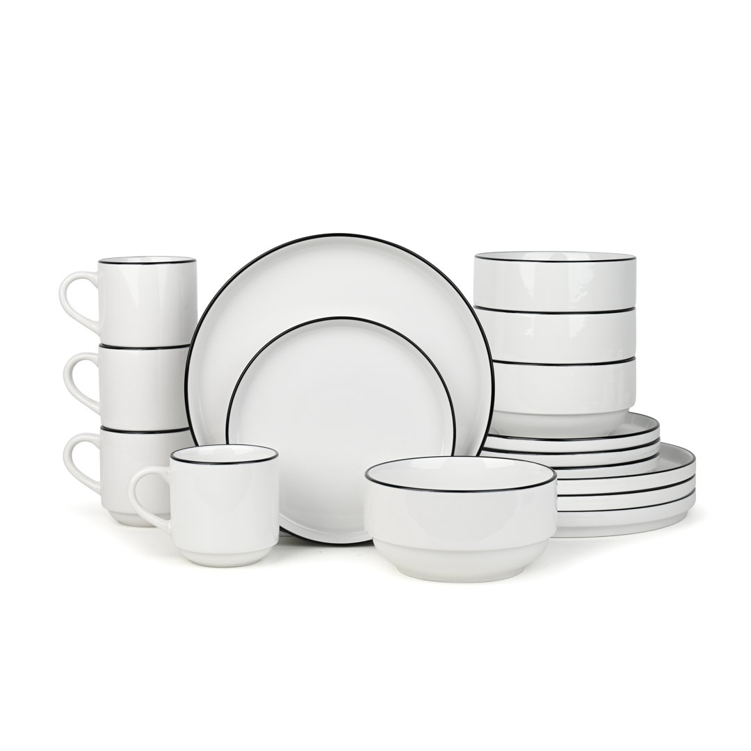Waterside 16pc Stackable Black Rim Porcelain Dinner Set