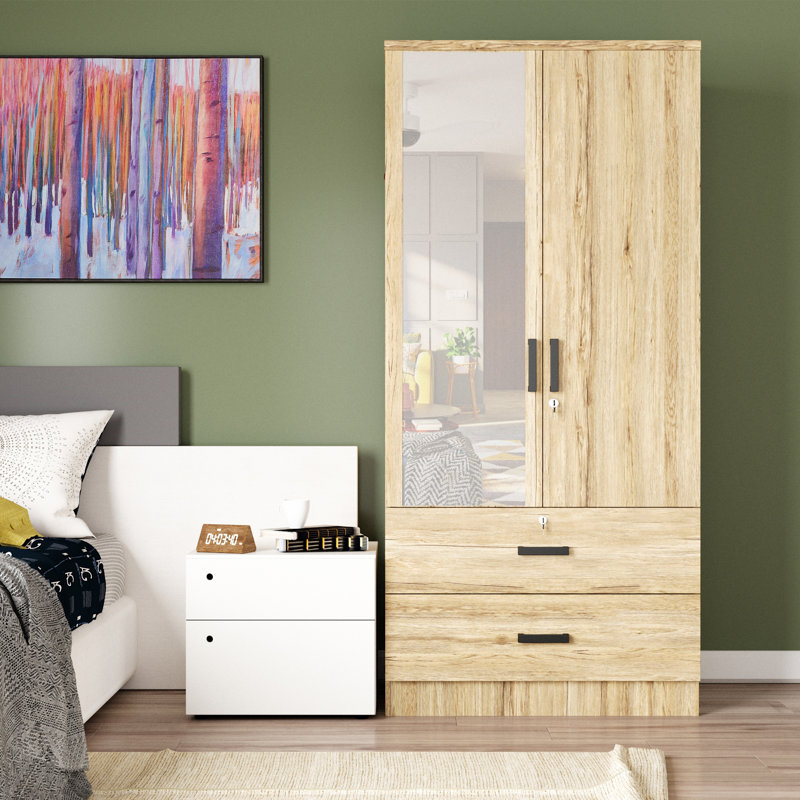 Armoire à miroir 2 portes et 2 tiroirs Majoch, Chêne naturel