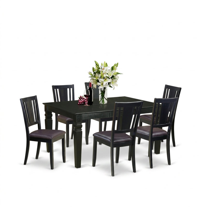 Ensemble table et chaises de salle à manger rectangulaires avec rallonge intégrée de 45 cm et six chaises de salle à manger en similicuir.