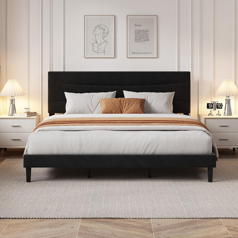 Très grande base de lit tapissier en velours avec tête de lit, support en lattes de bois, rangement sous le lit, aucun sommier requis, noir, chambre à coucher moderne