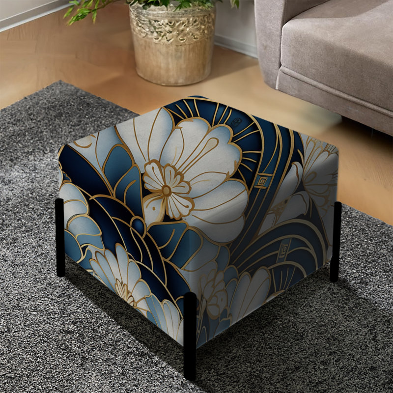 Art déco damas bleu et blanc des années 1970 - repose-pieds carré damassé