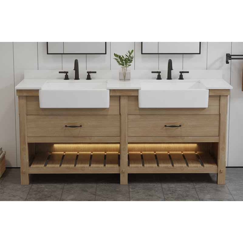 Meuble-lavabo double 72 po avec lavabo en pierre Maxbano Farmhouse, Marron clair