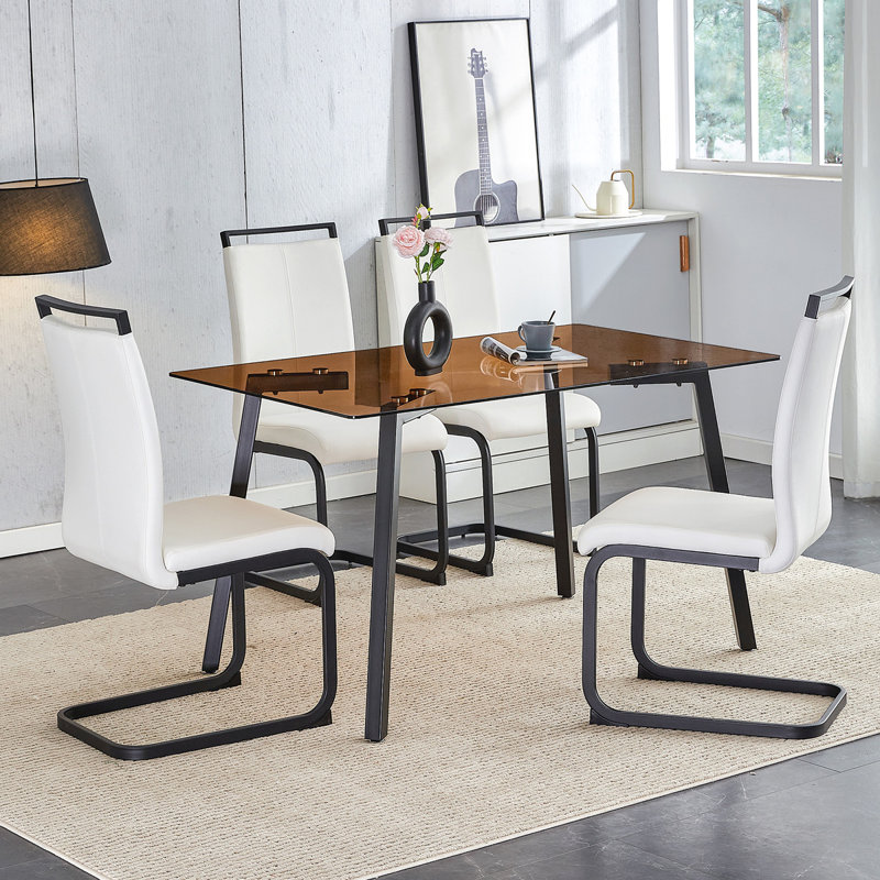 Table And Chair Set Large Modern Rectangular Table With Brown Glass Top Andmetal Legs It Is Equipped With Soft And Comtable PU Seats, Faux Leather Upholstered Seats, And Sturdy Metal Legs