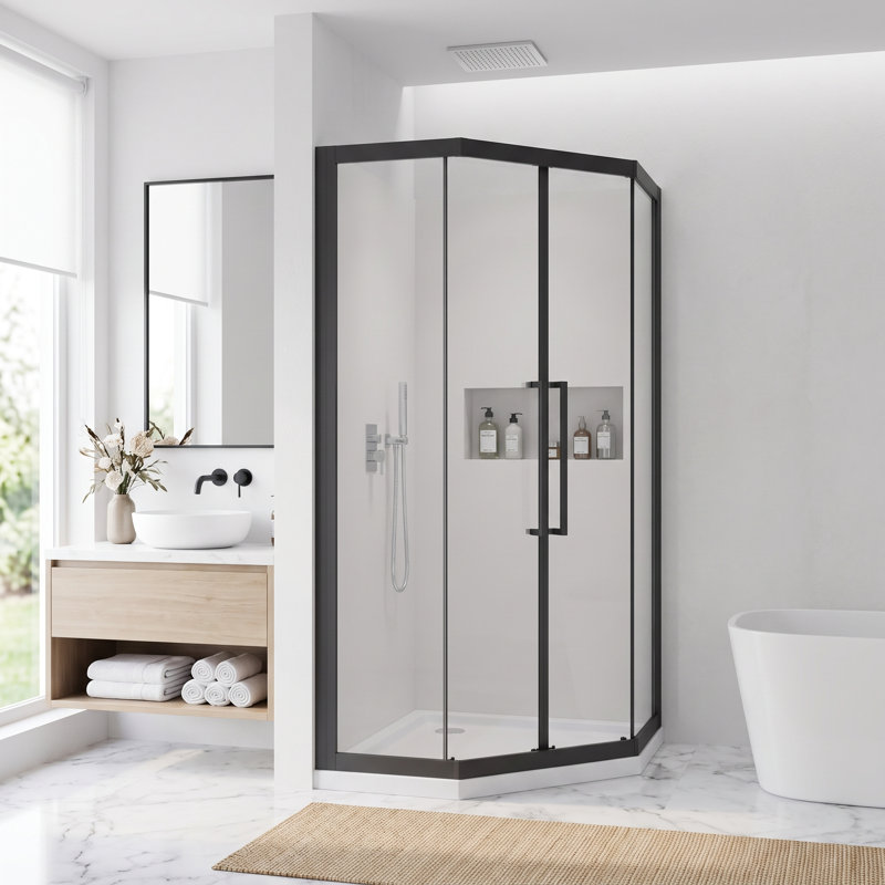 36 po x 36 po x H 72 po. Porte de douche néo-angle à cadre coulissant noir mat avec verre trempé transparent, poignée en acier inoxydable, double rouleau lisse (sans bac de douche blanc)