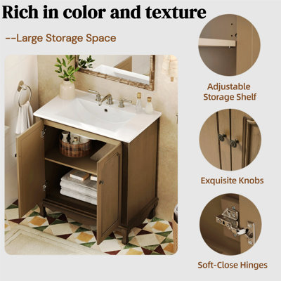 Modern Style Bathroom Vanity, Bathroom Vanity with Ceramic Sink, Bathroom Vanity Cabinet with Rubber Wood Legs and Adjustable shelves