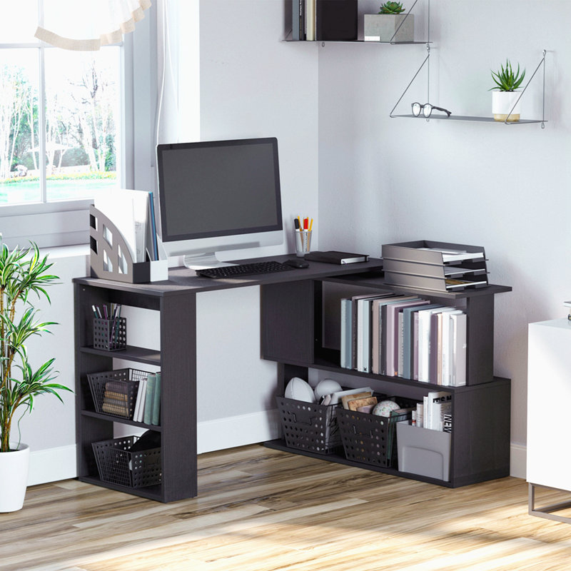 L Shaped Corner Desk, 360 Degree Rotating Home Office Desk With Storage Shelves, Writing Table Workstation