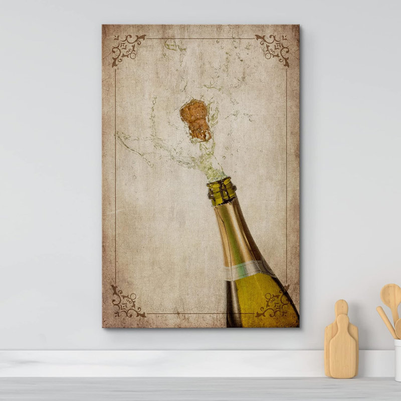 Bouteille de liège rétro sur fond de champagne sur toile, H 48 po x l 32 po x P 1,5 po