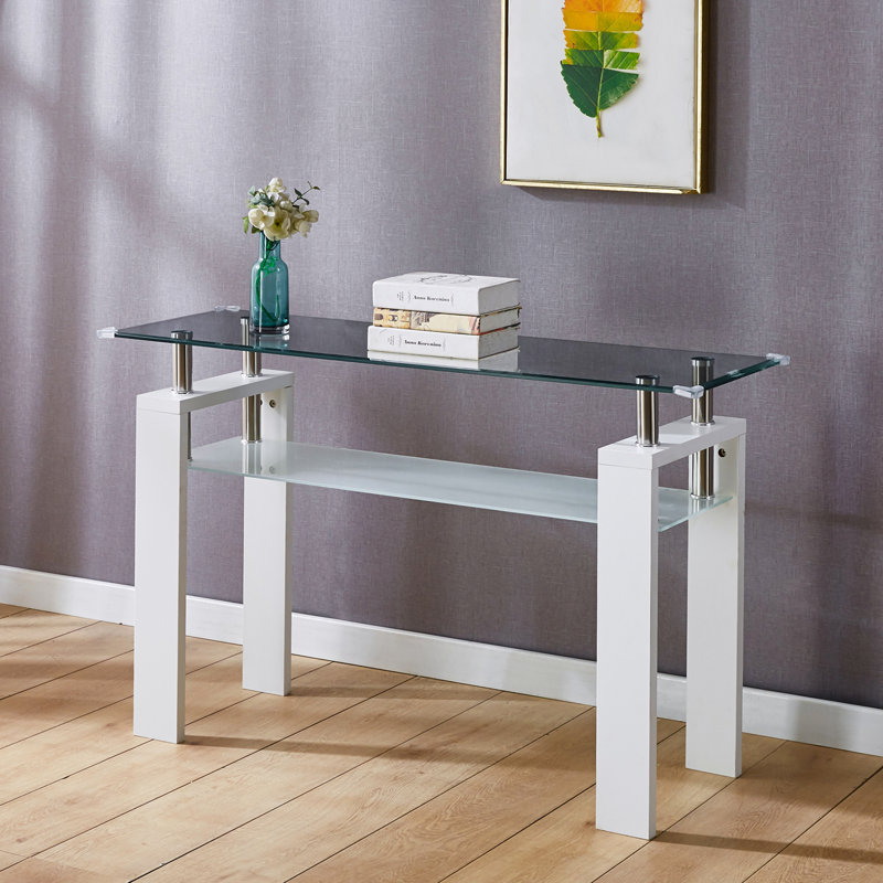 Console en panneau de fibres à densité moyenne noir, table de vestibule, table Hoyer avec plateau en verre trempé, Blanc