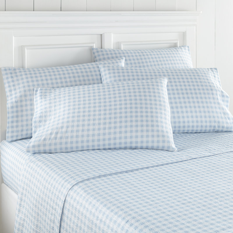 Ensemble de draps Seersucker, Double + 4 taies d'oreiller, Bleu guingan