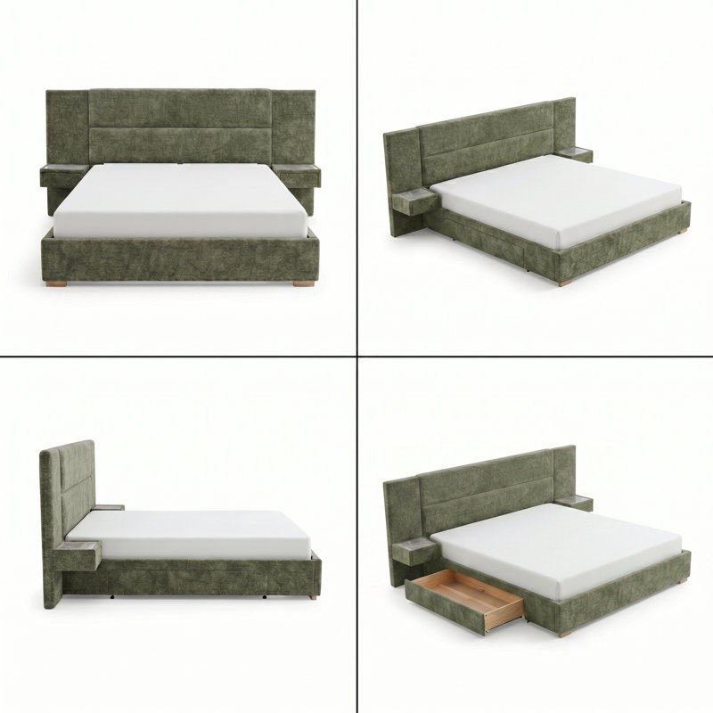 Linen Upholstered Platform Bed with Attached Nightstands, Storage Drawers and Wood Slat Support, Turtle, King