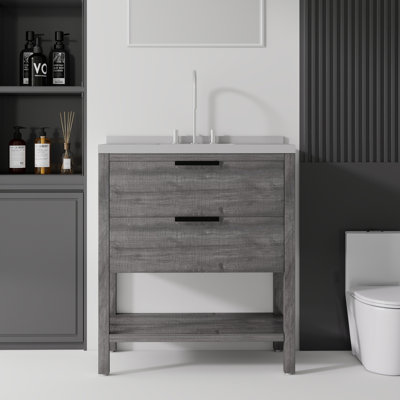 Meuble-lavabo autoportant de 36 po avec lavabo, porte à fermeture douce, comptoir et dosseret en marbre de granite blanc de 2 po, contreplaqué, gris