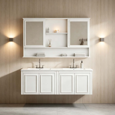 Armoire à pharmacie murale avec portes à double miroir, tablettes réglables et rangement ouvert