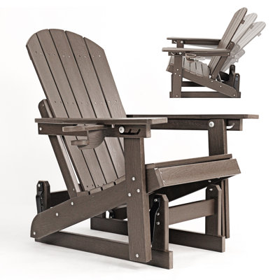 HDPE Outdoor Adirondack Glider Chair, 3‑Position Adjustable Glider with Cup Holder for Patio, Porch, Deck