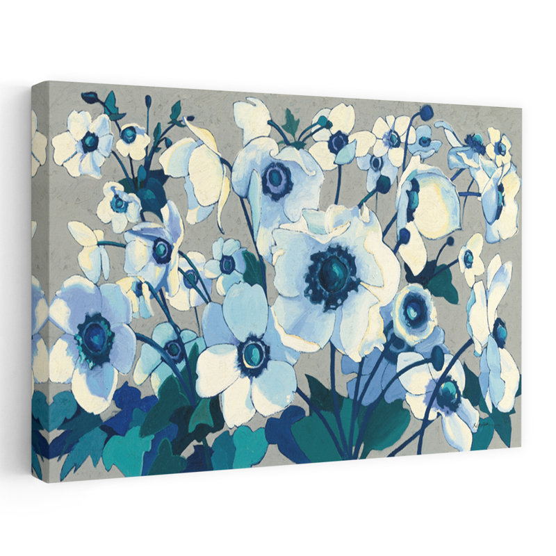 Anémones japonaises I contemporain bleu floral gris anémone verte, H 48 po x l 32 po