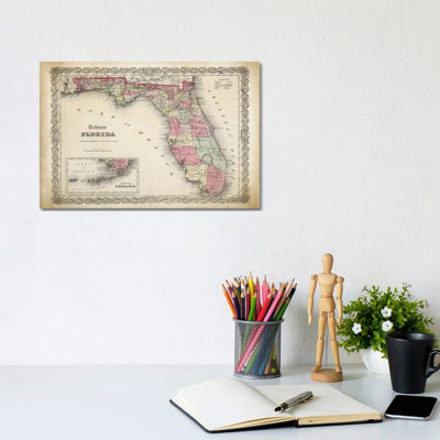 Florida Map, 1863 1 Piece Wrapped Canvas Wall Art