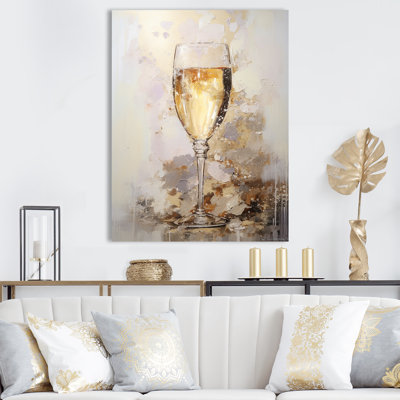 Wine Canvas Wall Art, Champagne Glass Kitchen Decor Print - Golden Champagne In Glass