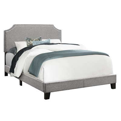 Upholstered Full Size Bed In Grey Linen Finish With Trim Sparkle Bedroom Headboard And Flame