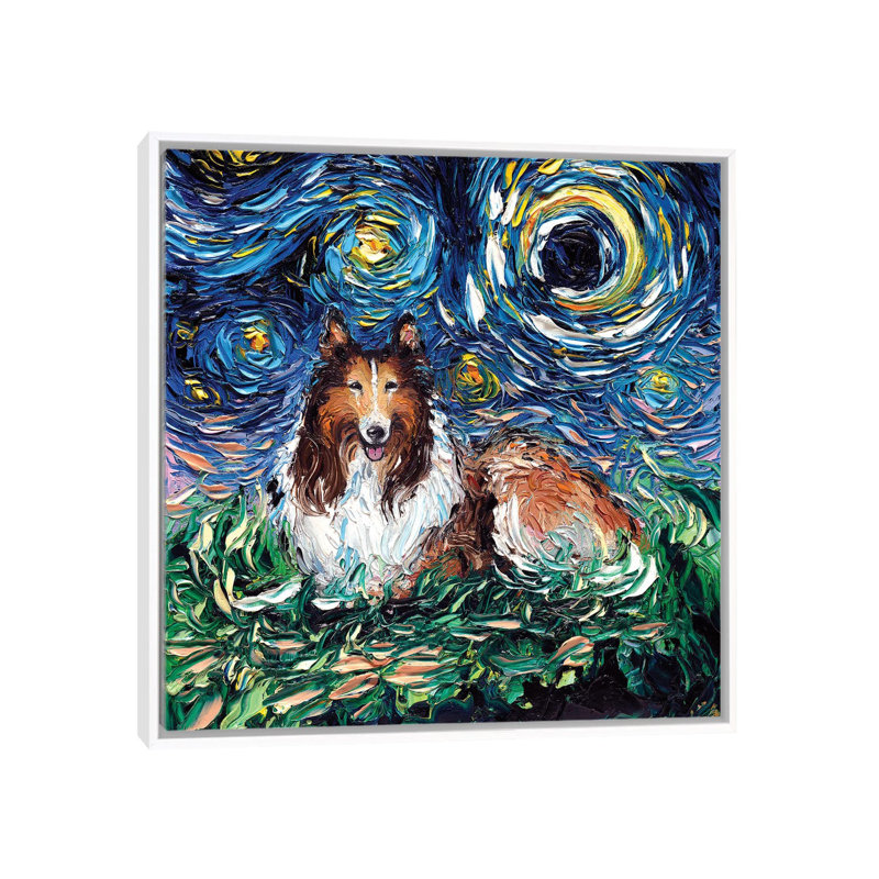 Reproduction d’art, "Collie Night" par AJA, H 37 po x l 37 po x P 1,5 po, Toile blanche encadrée, Pas de tapis