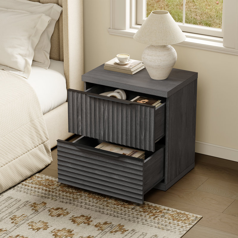 Modern Fluted 2-Drawer Nightstand, Dark Gray Alder