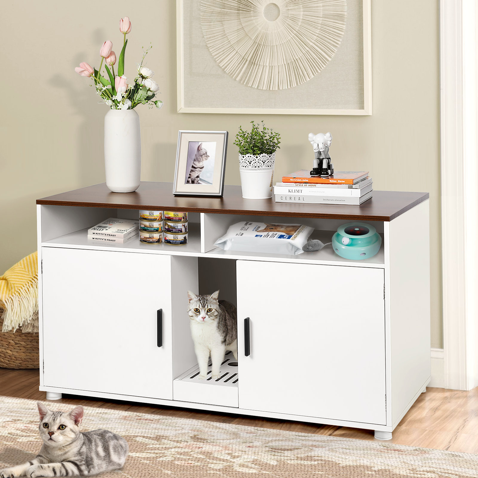 Tucker Murphy Pet™ Cat Litter Box Enclosure Furniture For 2 Cats, Hidden Cat Washroom With