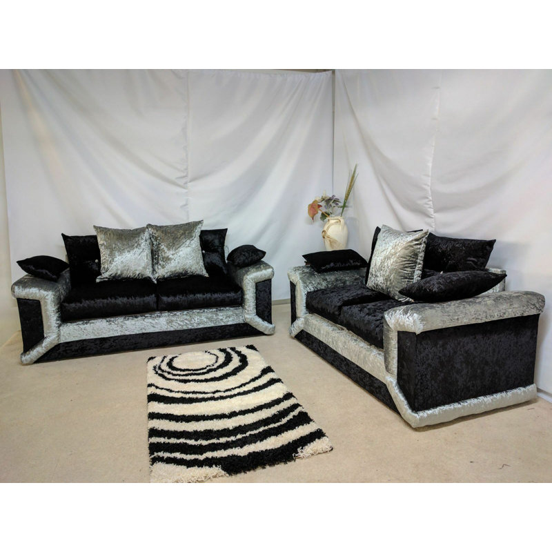 Vita Velvet Living Room Set, Black/Silver