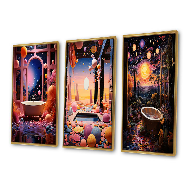«Celestial Dream Bathroom I», ensemble d'art mural sur toile 3 pièces, Cadre flottant doré, H 40 po x l 60 po