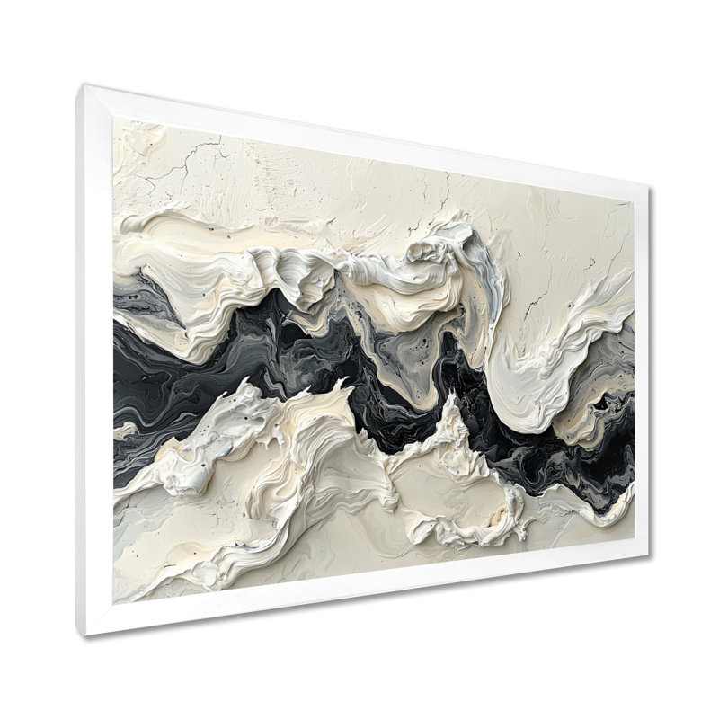 Marbre moderne, transfert de l'encre monochrome V - art mural abstrait en marbre, H 30 po x l 40 po, Cadre simple, Blanc