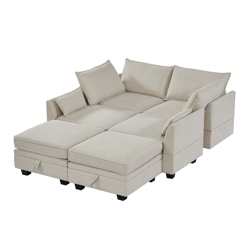 Canapé-lit modulaire en U Martta, canapé-lit convertible avec méridienne réversible, 100 % lin beige