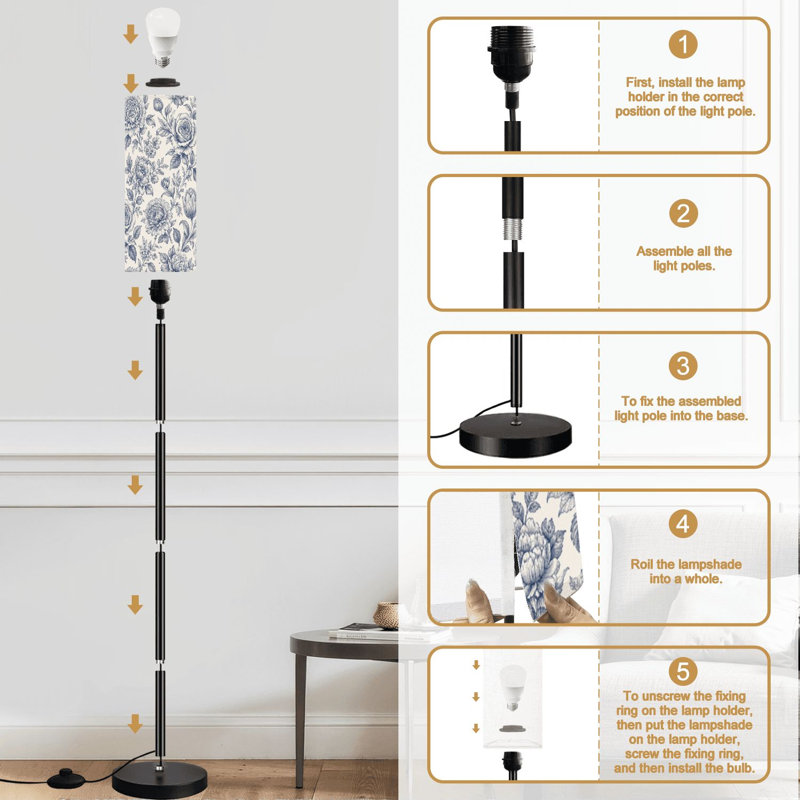Lampe sur pied élégante à motif floral botanique bleu sans soudure à la main avec des feuilles et une lampe sur pied à intensité variable avec télécommande