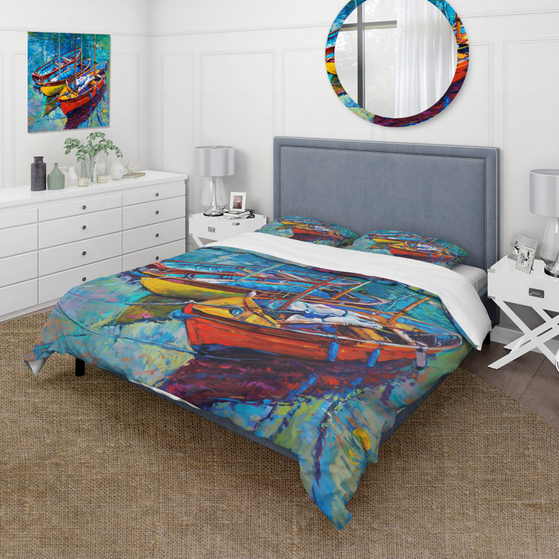 Trois bateaux dans le port - Ensemble de housse de couette nautique et côtier - Polyester en microfibre