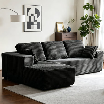 104" L-Shaped Cloud Sectional Sofa with Oversized Chaise, Compression-Boneless Sofa,Modular 3-Seater Corduroy Couch for Living Room & Bedroom, Deep Seat No Assembly Required (black, L Shape with left FacingChaise)
