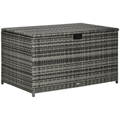 Boîte de rangement Outsunny de 113 gallons, boîte de rangement extérieure en rotin, contenant de rangement imperméable pour l'intérieur, coussins de meubles de patio, fournitures de piscine, outils de jardin, gris foncé