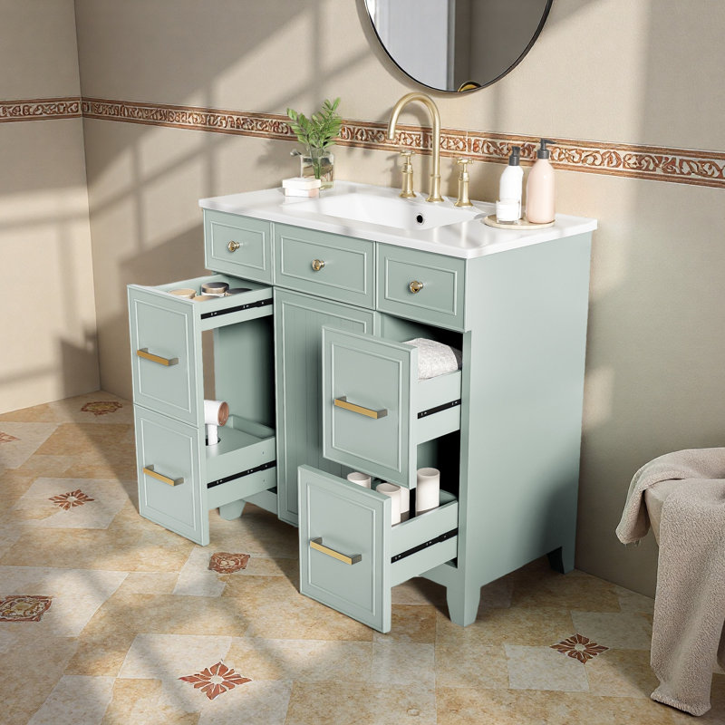Meuble-lavabo 36 po avec lavabo en céramique, Vert, Doré