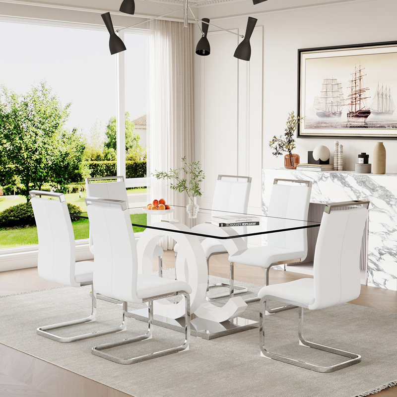 Glass Top Dining Table Sets, 7, White/Silver