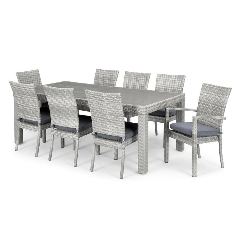 Fionnula 8-Person Rectangular Patio Dining Set with Sunbrella Cushions, Gray Frame/Stone Gray Canvas Cushion