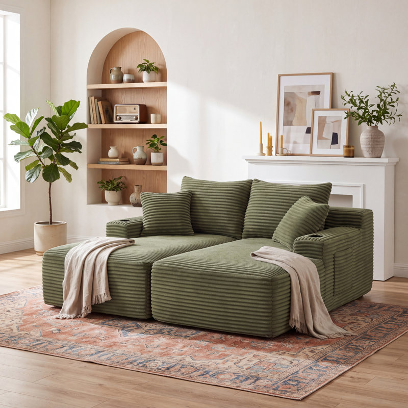 Canapé modulaire modulaire en velours côtelé avec assise profonde, porte-gobelets et poches de rangement latérales, sans assemblage