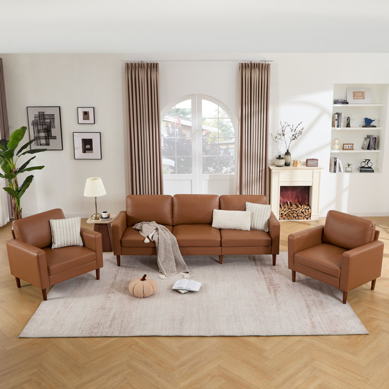 Ensemble de salon avec canapé 91,73 po et 2 fauteuils, Similicuir café