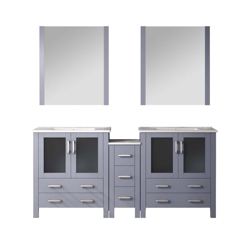 Meuble-lavabo double avec armoire latérale, comptoir en céramique blanche et miroirs