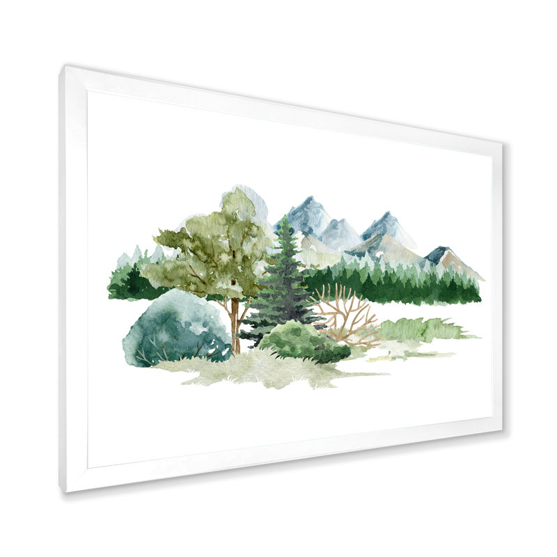«Trees Bush Grass In Wild Landscape», peinture sur toile, Cadre flottant blanc, H 24 po x l 32 po
